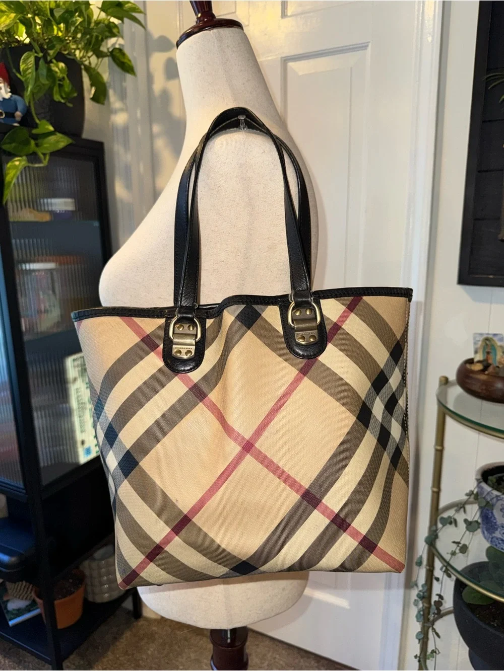 Burberry Beige Plaid Tote with Black Handles